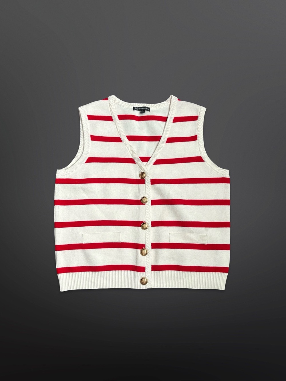 Adrianna Papell Striped Knit Button Front Vest - White & Red Size Medium